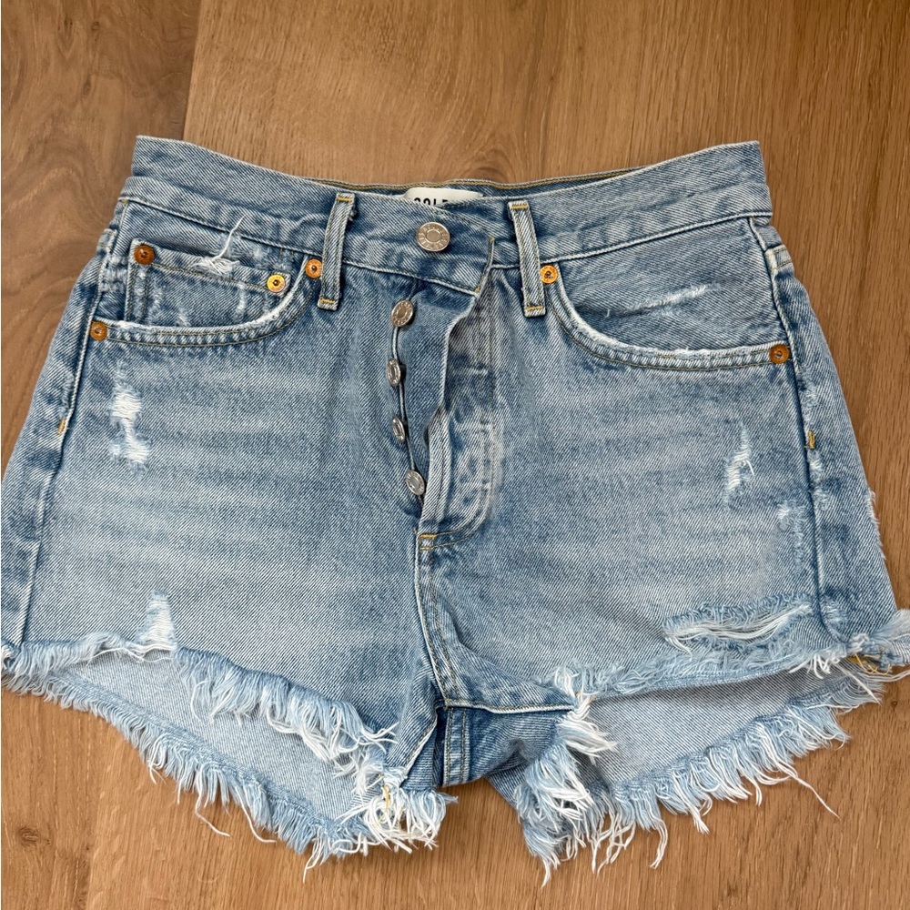 Agolde Size 24 Denim Blue High-Waisted Distressed Shorts